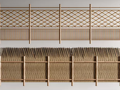 Traditional Style Wooden Garden Fences With Lattice And Thatch Elements 3d model