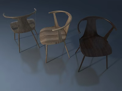 Three Different Colored Wooden Chairs Featuring Curved Armrests And Slender Legs 3d model