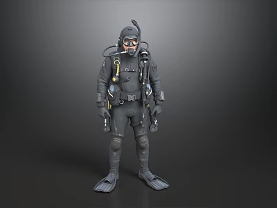 A Man Wearing Complete Diving Gear Including Wetsuit Helmet Flippers and Breathing Apparatus 3d model