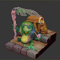 Purple Creature Character Sitting On Stone Slabs With Green Leaf Grass And Backpack Hut