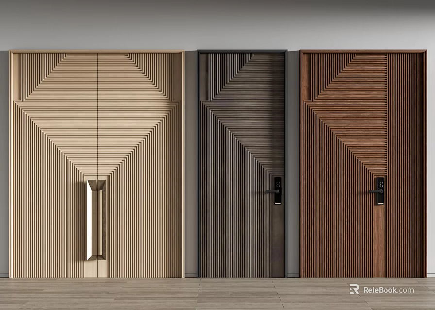 Modern Interior Flush Doors With Geometric Patterns Wooden Texture And Different Colors 3d model 