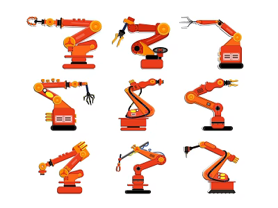 Orange Industrial Robotic Arms In Various Working Poses With Tool Attachments 3d model