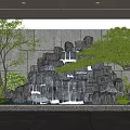 Tranquil Courtyard Garden with Rock Waterfall Lush Trees Ferns Gray Stone Wall and Stone Pathway
