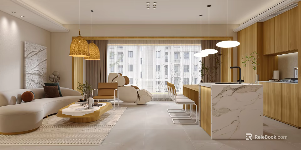 Modern Living Dining Room Interior Design With Sofa Coffee Table Dining Table And Pendant Lights 3d model 