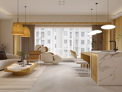 Modern Living Dining Room Interior Design With Sofa Coffee Table Dining Table And Pendant Lights 3d model
