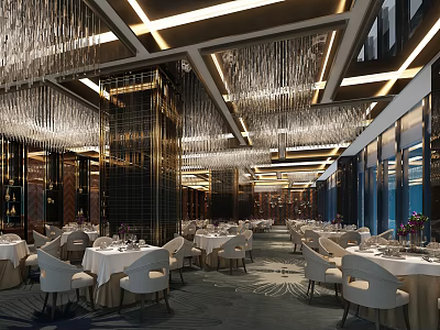 Luxurious Restaurant Interior with Crystal Chandeliers White Chairs Golden Decorations Large Windows and Dining Tables 3d model