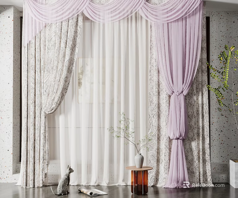 Elegant Purple And Beige Curtains With Sheer Layers Decorative Tiebacks For Modern Living Room Window 3d model 