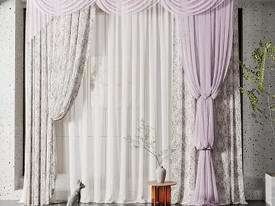 Elegant Purple And Beige Curtains With Sheer Layers Decorative Tiebacks For Modern Living Room Window 3d model