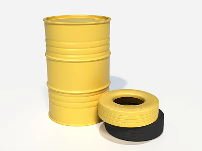 Yellow Barrel And Stacked Black Tires Isolated On White Background 3d model