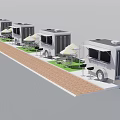 Outdoor Food Trucks With Tables Chairs And Umbrellas For Delicious Street Food