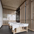SPA Sauna Interior Featuring Wooden Massage Beds With White Sheets Bamboo Ceiling And Plant Paintings