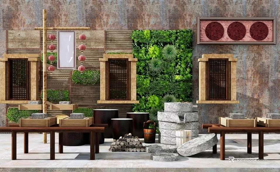 Traditional Garden Decor With Green Plant Wall Stone Fountain And Wooden Tables 3d model 