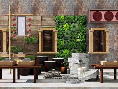 Traditional Garden Decor With Green Plant Wall Stone Fountain And Wooden Tables 3d model