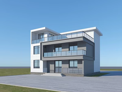 Modern Two Story Detached Villa With Glass Windows Balconies Gray White Exterior And Driveway 3d model