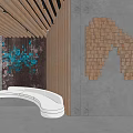 Modern Hotel Lobby Interior With Wooden Ceiling Large Glass Windows And Curved Sofa