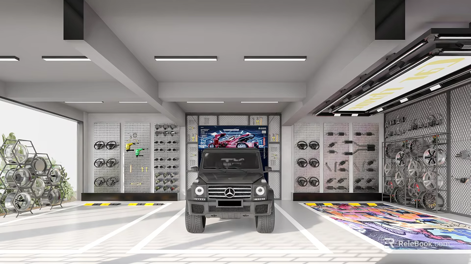Black Mercedes Car Dealership Showroom With Tire Racks Auto Parts Posters And Plant Decor 3d model 
