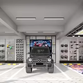 Black Mercedes Car Dealership Showroom With Tire Racks Auto Parts Posters And Plant Decor 3d model
