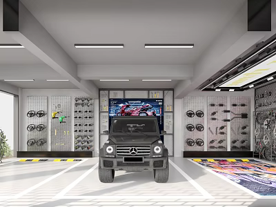 Black Mercedes Car Dealership Showroom With Tire Racks Auto Parts Posters And Plant Decor 3d model