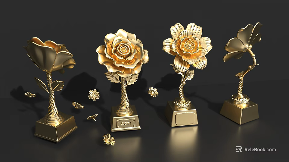 Golden Rose Flower Shaped Decorative Ornament Set With Square Bases And Various Designs 3d model 