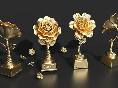 Golden Rose Flower Shaped Decorative Ornament Set With Square Bases And Various Designs 3d model