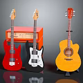 Musical Instruments Collection With Red Black Electric Guitars Yellow Acoustic Guitar And Orange Amplifier
