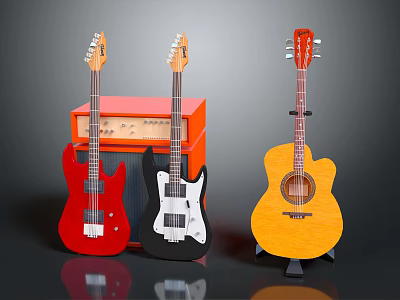 Musical Instruments Collection With Red Black Electric Guitars Yellow Acoustic Guitar And Orange Amplifier 3d model