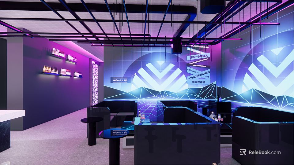 Modern Bar Interior With Neon Purple Blue Lights Geometric Patterns And Cozy Seating 3d model 