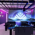 Modern Bar Interior With Neon Purple Blue Lights Geometric Patterns And Cozy Seating