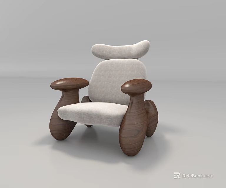 Modern Single Accent Chair With Curved Walnut Wood Arms And Light Fabric Seat 3d model 