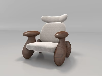 Modern Single Accent Chair With Curved Walnut Wood Arms And Light Fabric Seat 3d model