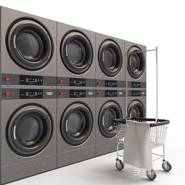 Stacked Commercial Washing Machines with Digital Control Panels and Laundry Cart 3d model 
