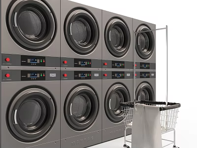 Stacked Commercial Washing Machines with Digital Control Panels and Laundry Cart 3d model