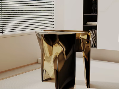 Modern Geometric Gold Black Metallic Side Table with Window Blinds and Bookshelf in Modern Interior 3d model