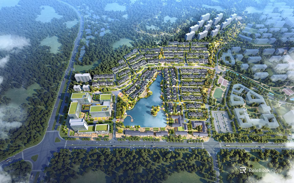 Aerial Planning Of Residential Community With Lake Buildings And Greenery 3d model 
