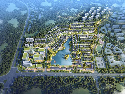 Aerial Planning Of Residential Community With Lake Buildings And Greenery 3d model