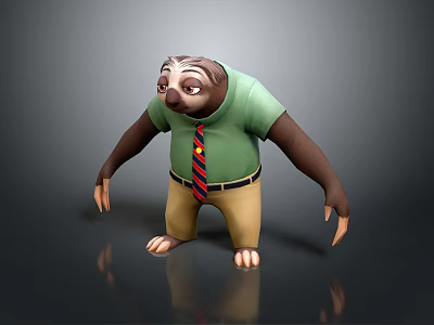 Adorable Game Movie Character Sloth Wearing Green T Shirt Red Striped Tie And Khaki Pants 3d model