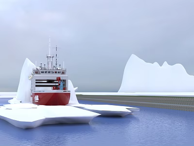 Red And White Ship Sailing Near Icebergs On Icy Ocean Water 3d model