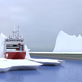 Red And White Ship Sailing Near Icebergs On Icy Ocean Water