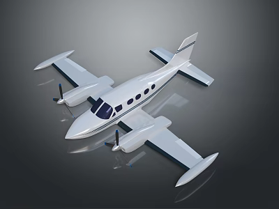 Small White Twin Propeller Airplane With Streamlined Body And Cabin Windows On Gray Reflective Surface 3d model