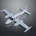 Small White Twin Propeller Airplane With Streamlined Body And Cabin Windows On Gray Reflective Surface