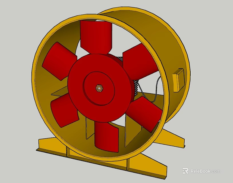 Industrial Pipeline Ventilation Fan With Yellow Housing Red Blades And Metal Stand 3d model 