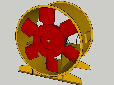 Industrial Pipeline Ventilation Fan With Yellow Housing Red Blades And Metal Stand 3d model