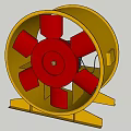 Industrial Pipeline Ventilation Fan With Yellow Housing Red Blades And Metal Stand