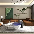 Modern Minimalist Living Room Interior With Marble Coffee Table And Comfortable Indoor Green Plants
