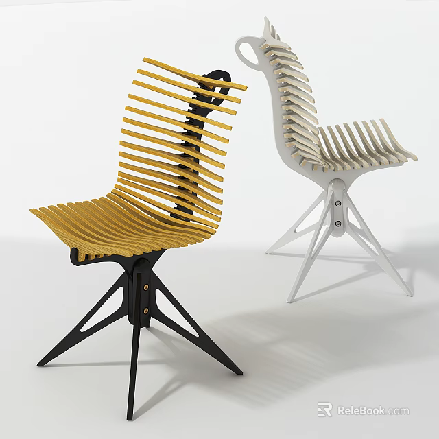 Modern Leisure Chair With Yellow And White Striped Slat Design And Sturdy Metal Base 3d model 