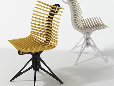 Modern Leisure Chair With Yellow And White Striped Slat Design And Sturdy Metal Base 3d model