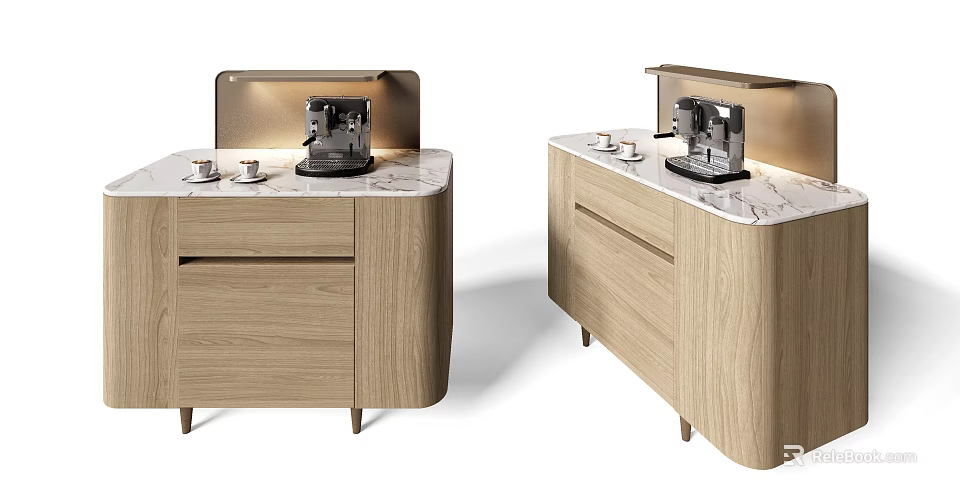 Modern Wooden Sideboard With Marble Countertop Featuring Coffee Machine And Cups 3d model 