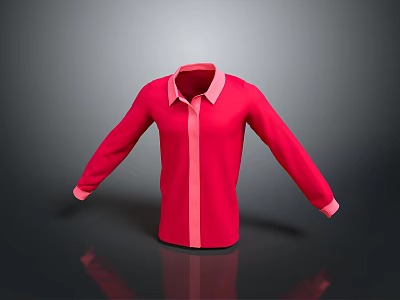 Red Long Sleeve Shirt with Pink Collar and Cuffs Minimalist Design Front View 3d model