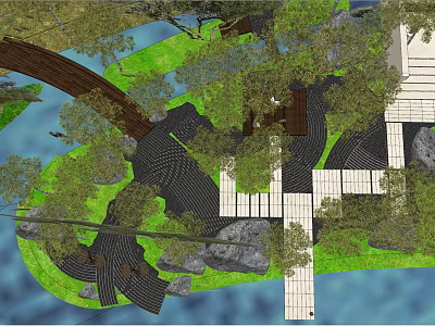 Tranquil Garden Landscape With Stone Pathways Wooden Bridge Water Features And Lush Greenery 3d model