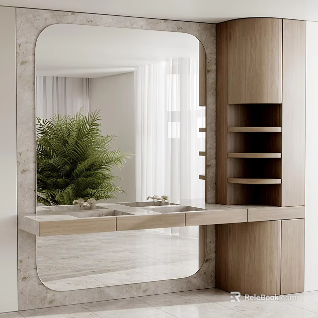 Modern Bathroom Cabinet With Wooden Frame Mirror Double Sink And Open Shelves 3d model 